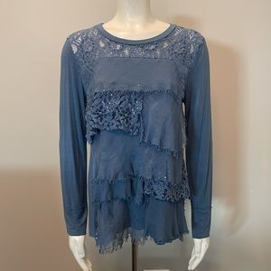 Tempo Paris Blue Lace Sequin and Fringe Long Sleeve Shirt Size XL